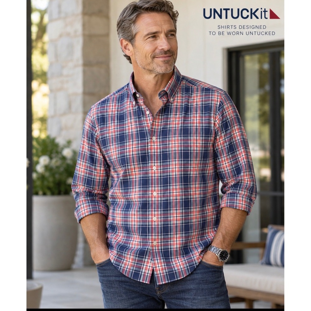 UNTUCKit Torrey Ridge Mens XXL Blue Red Plaid Cotton Button Down Shirt 33986